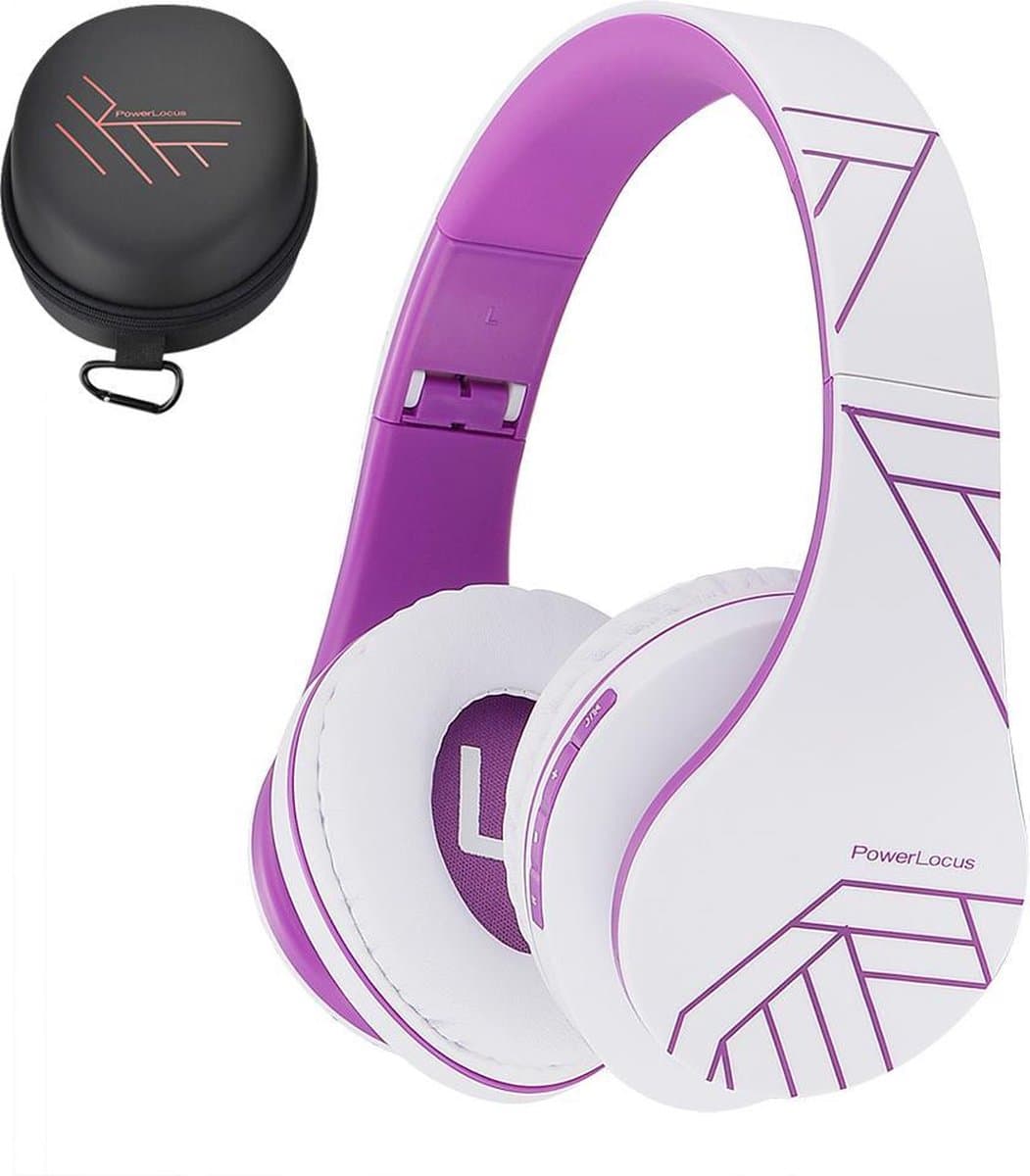 PowerLocus P2 - Draadloze Over-Ear Koptelefoon Inklapbaar - Bluetooth Hoofdtelefoon - Met microfoon – Headphone - Micro SD mode – Incl. Carry Case – Wit/Purper — afbeelding 1