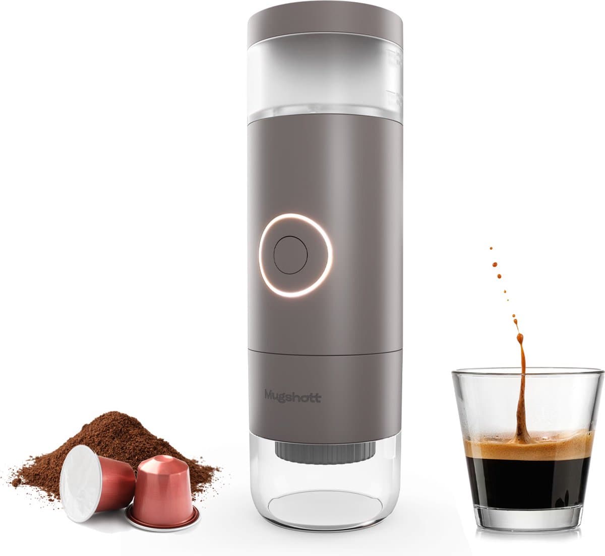 Mugshott - Slim Draagbaar koffiezetapparaat - Werkt met Gemalen koffie & Capsules - Bestuurbaar met Mobiele App, Instelbare Temperatuur, Pomppatroon & Koffiegrootte- 120 ml Reservoir - 18 Bar - Ontworpen in Nederland - 12 Volt Reiskoffiezetapparaat — afbeelding 1
