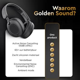 Golden Sound Tune - Draadloze Koptelefoon - Active Noise Cancelling tot 35 dB - Over ear hoofdtelefoon - Bluetooth - 65 uur batterijduur - Geschikt voor elke smartphone & laptop - Koptelefoons — thumbnail 3