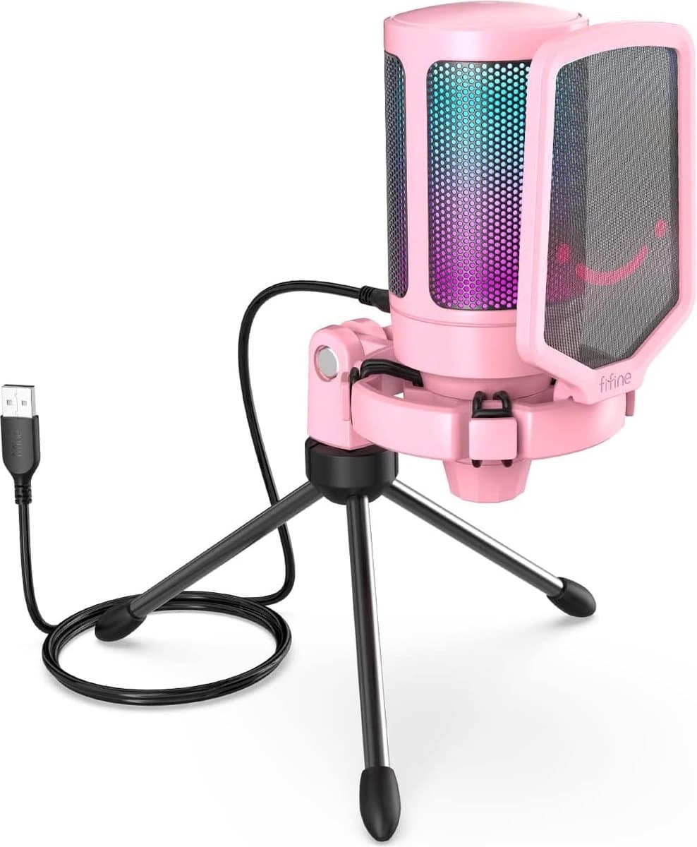 FIFINE - A6V - Roze - USB RGB Streaming Microfoon met Standaard - Gaming - Podcast - Geschikt voor - PS5 / PS4 / PC / Windows - Touch Mute Knop - Filter — afbeelding 1