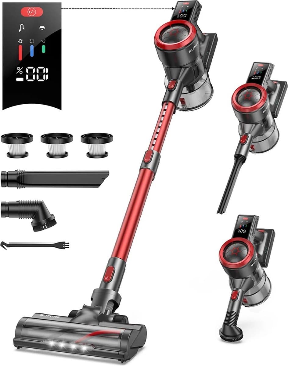 Draadloze Steelstofzuiger - Stofzuiger - 450W - 38 KPA - Zwart/Rood - met realtime scherm — afbeelding 1