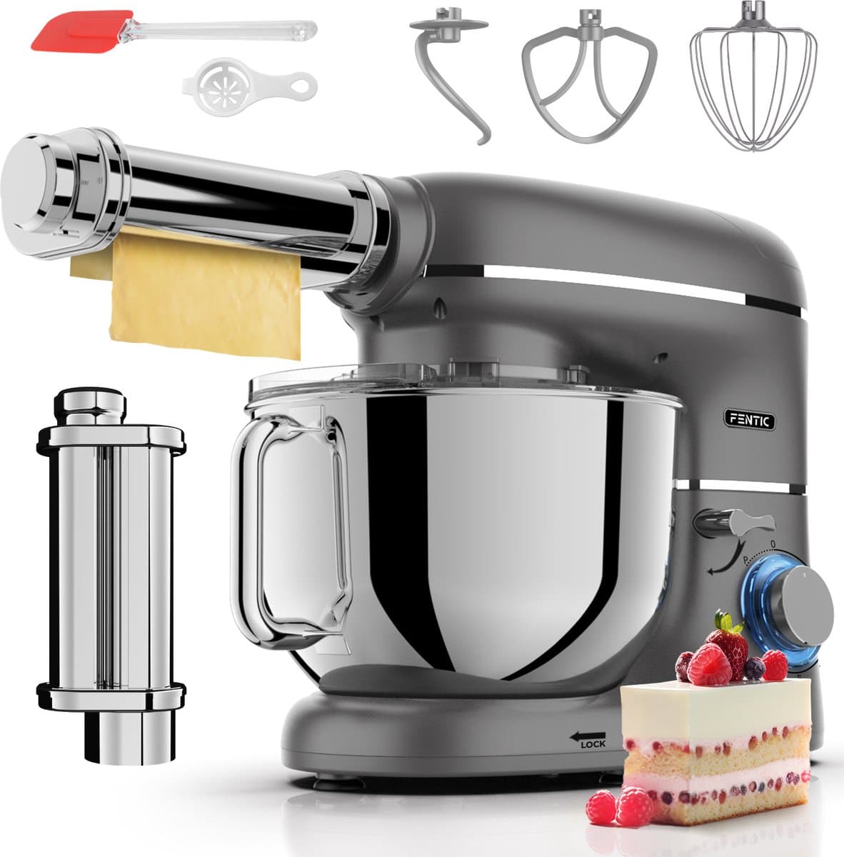 Fentic Keukenmachine - 2000W - Keukenrobot - Incl. Pastaroller en extra accessoires - 6,2L Mengkom - Foodprocessor - Pastamachine - Antraciet — afbeelding 1