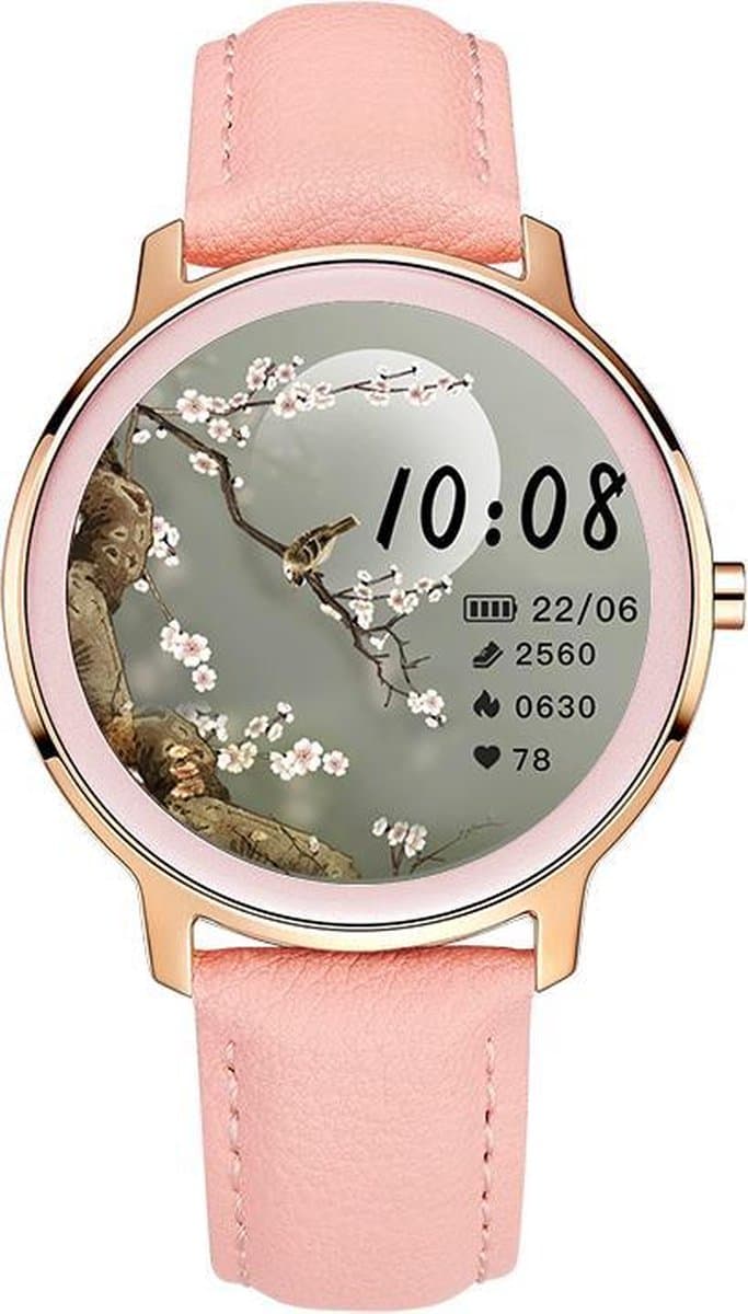 Belesy® VENUS - Smartwatch Dames - Horloge - 1.1 inch - Kleurenscherm - Stappenteller - Bloeddruk - Hartslag - Maak je eigen wijzerplaat – Goud – Leer - Roze - Moederdag — afbeelding 1