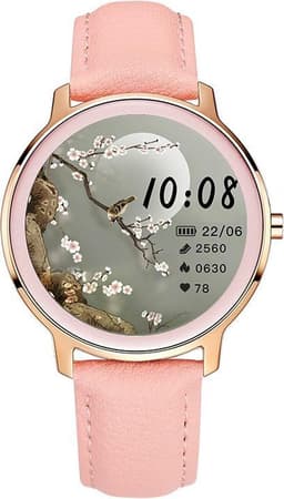 Belesy® VENUS - Smartwatch Dames - Horloge - 1.1 inch - Kleurenscherm - Stappenteller - Bloeddruk - Hartslag - Maak je eigen wijzerplaat – Goud – Leer - Roze - Moederdag — thumbnail 1