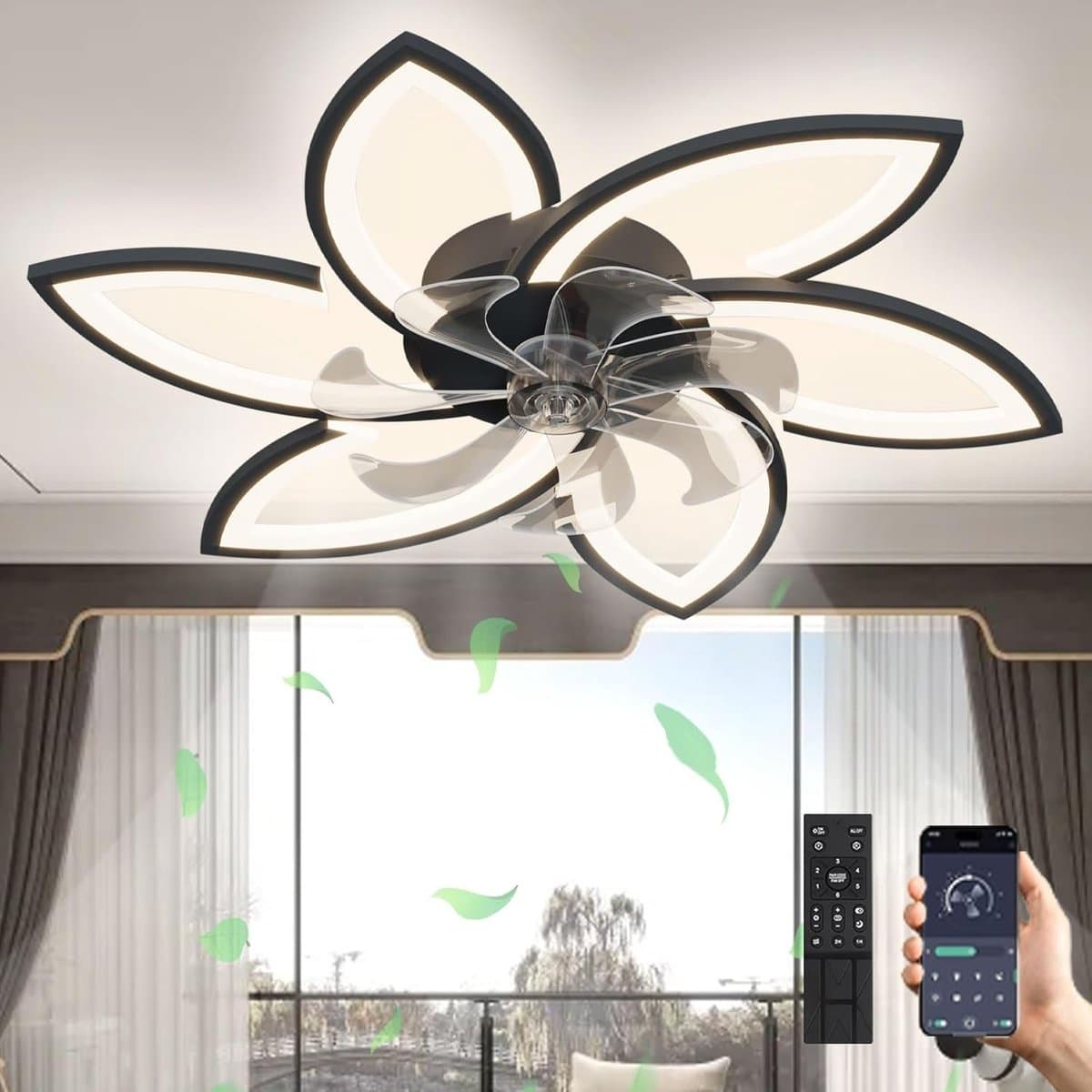 6 Sterren Plafondlamp Met Ventilator - Zwart - Met Afstandsbediening - Smart lamp - Dimbaar Met App - 6 Standen Ventilator - Woonkamerlamp - Moderne lamp - Plafoniere — afbeelding 1
