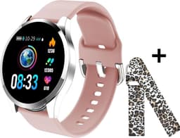 Belesy® BQSiZiPk - Limited edition - Smartwatch Dames - Smartwatch Heren - Horloge - Stappenteller - 1.3 inch - Kleurenscherm - 10x Sporten - INDOOR en OUTDOOR - Zilver - Siliconen - Roze - extra polsband Panterprint - Moederdag — thumbnail 1
