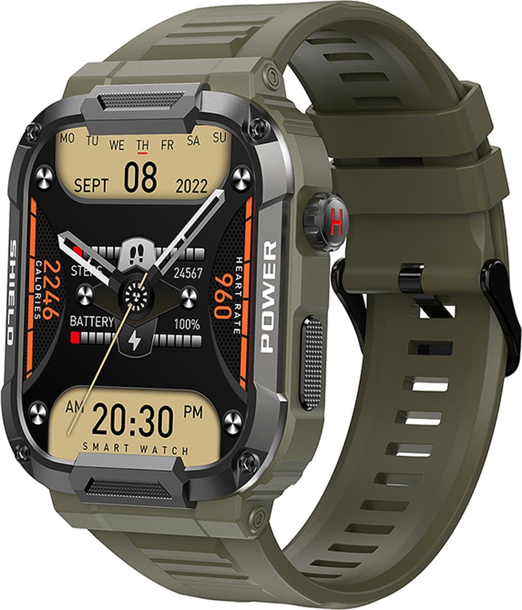 Kiraal Wave - Mannelijke Elegantie - Robuust Smartwatch Ontwerp - Android & iOS - Stijlvol Leger Groen Design — afbeelding 1