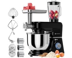 KitchenBrothers Keukenmachine - Keukenrobot - 6-in-1 Keukenmixer - Met Gehaktmolen, Blender en 15 Accessoires - 6,2L RVS Kom - Zwart