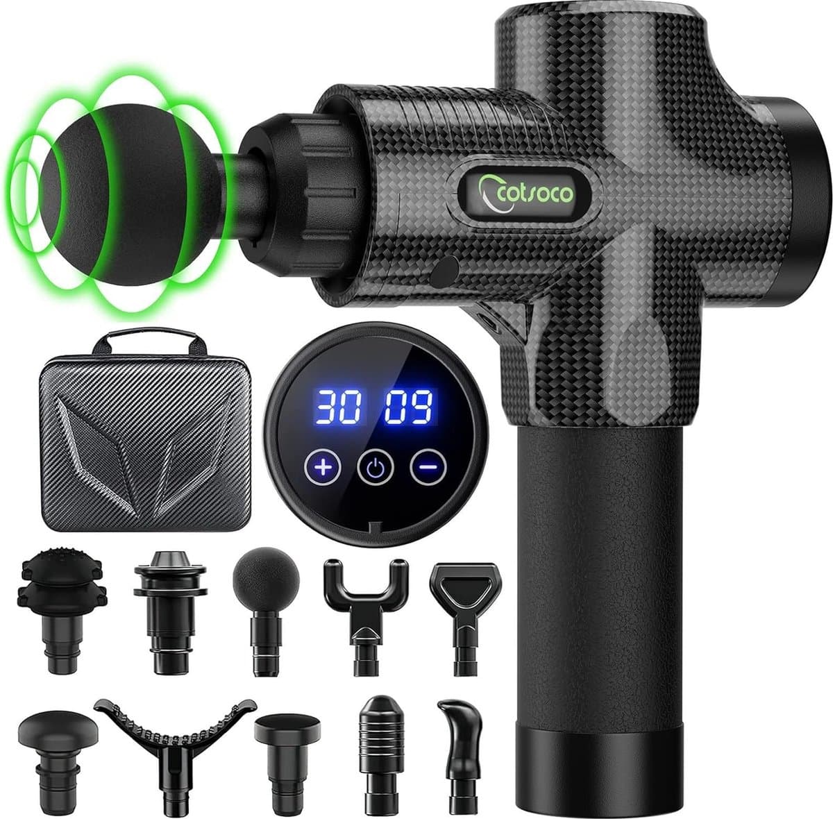 Massagepistool, diepweefselmassagepistool voor rug, nek en schouder, 30 snelheden stil spiermassagepistool met 10 massagekoppen, handheld krachtige stimulator voor spierpijnverlichting, koolstof — afbeelding 1