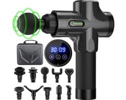 Massagepistool, diepweefselmassagepistool voor rug, nek en schouder, 30 snelheden stil spiermassagepistool met 10 massagekoppen, handheld krachtige stimulator voor spierpijnverlichting, koolstof