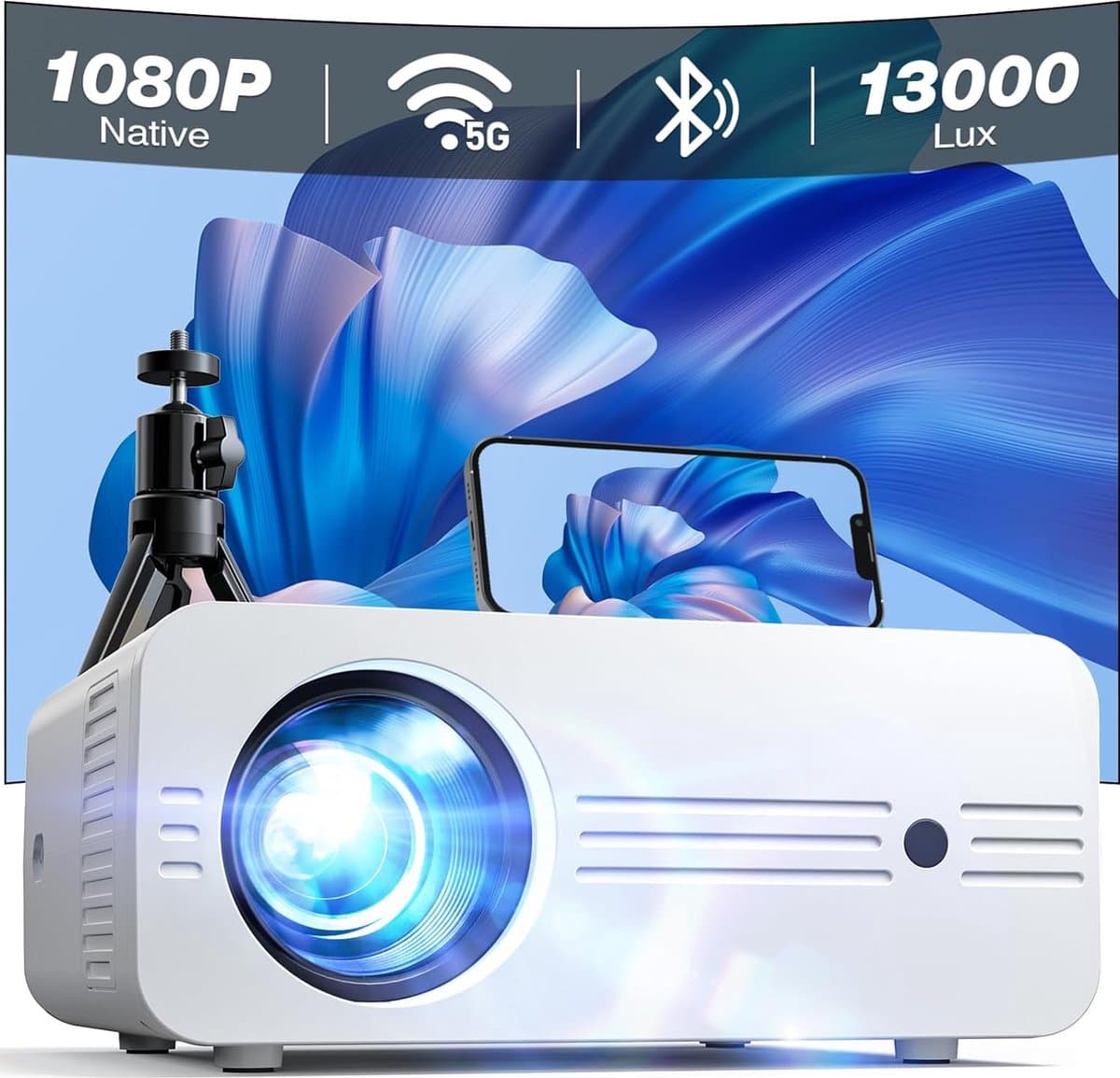 DiverseGoods Projector [Upgrade] Beamer 5G WiFi Bluetooth 13000 Lux Native 1080P 4K Ondersteund, Mini projector 300” thuisbioscoop Geschikt Voor iOS Android HDMI TV Stick PS5 (Tas en Statief Inbegrepen) — afbeelding 1