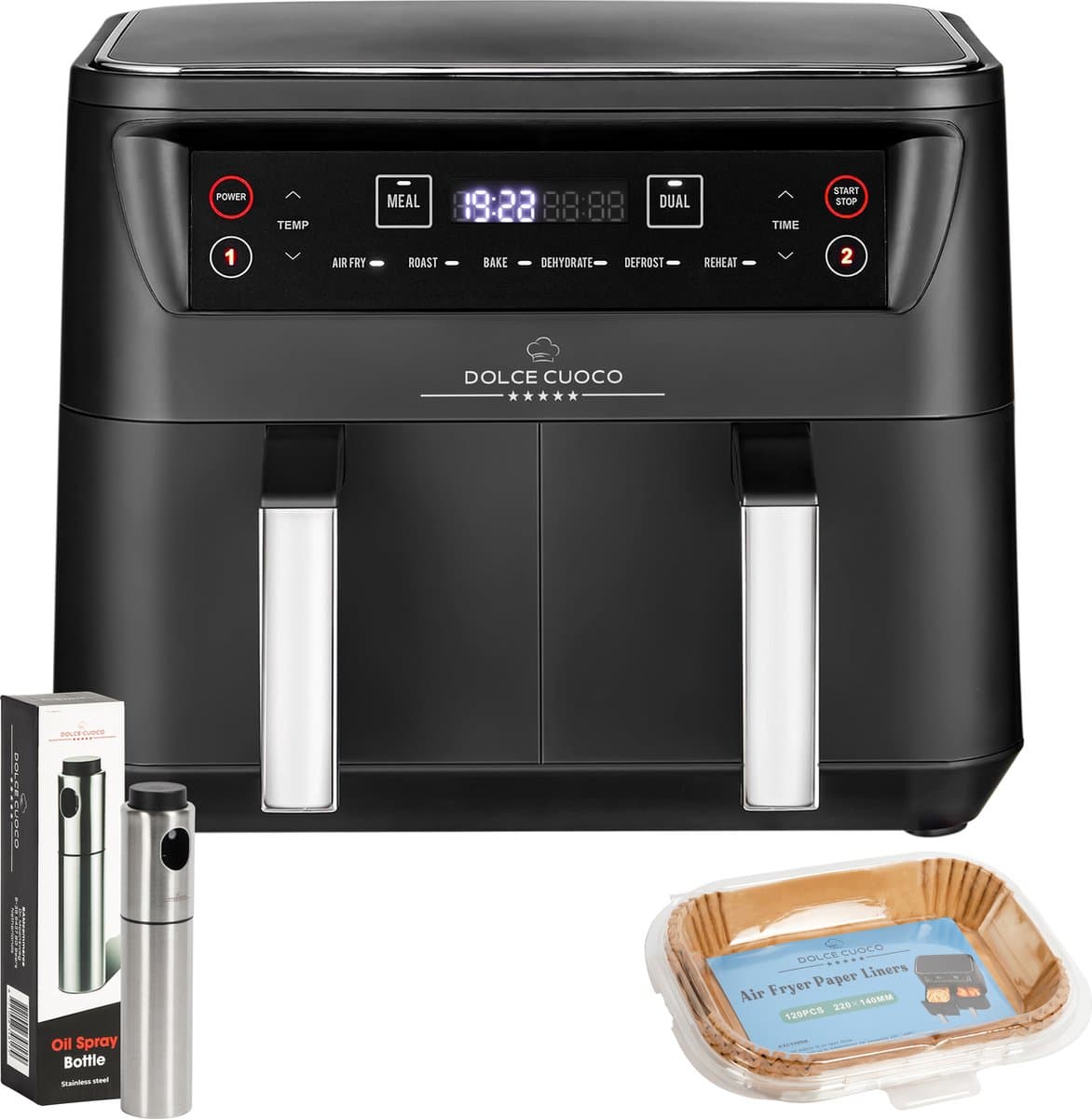 Dolce Cuoco Dubbele Airfryer XXL - Airfryers met Twee Lades - Heteluchtfriteuse Incl Olie Sprayer & 120 Vellen Bakpapier — afbeelding 1