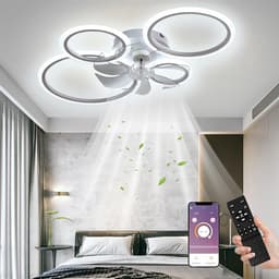 LuxiLamps - 4 Ringen LED Plafondventilator - Wit - 6 Snelheden - Smart lamp - Dimbaar Met Afstandsbediening & APP - Moderne Cirkel Ventilator Licht - Kroonluchter Ventilator — thumbnail 1