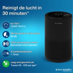 Erikssøn Luchtreiniger Prime - 70 m3/u - Vermindert Stof En Pollen - Met HEPA 13 Filter + Koolstoffilter - Air Purifier - Clean Air — thumbnail 2