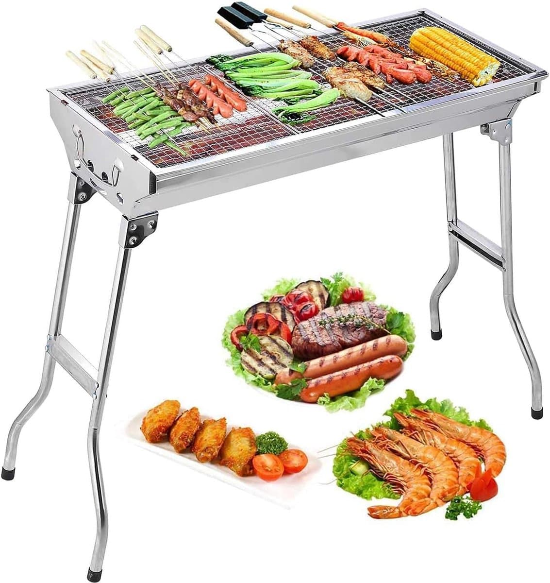 Roestvrijstalen BBQ houtskoolgrill rookgrill opvouwbaar draagbaar voor koken in de open lucht camping wandelen picknick backpacks groot zilver — afbeelding 1