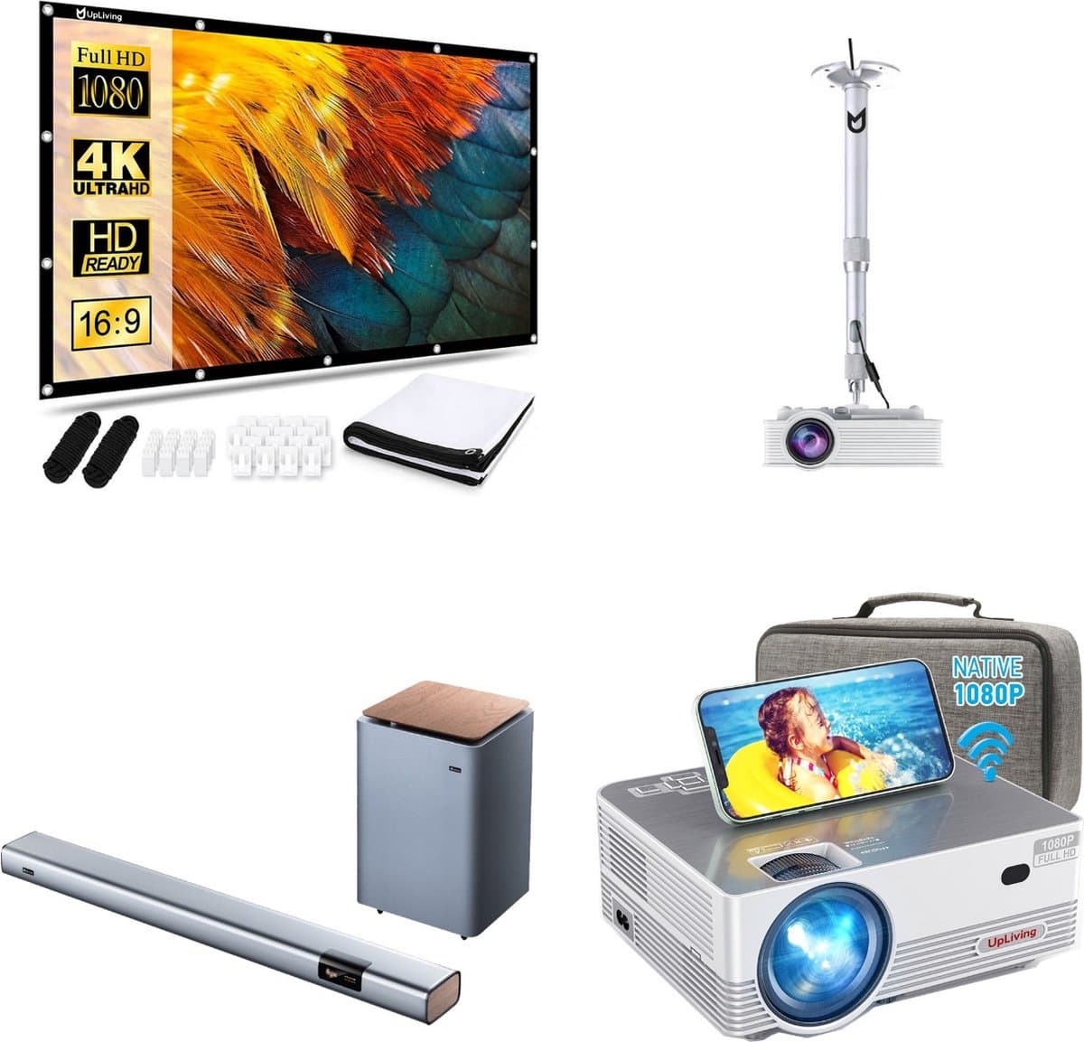 UpLiving® LCD Mini Beamer | Soundbar met subwoofer | Projectiedoek 120 inch | Beamerbeugel | Met WiFi | Met Bluetooth | Native Full HD | 10.000:1 Contrastratio | 8.000 Lumen | Projector - Mini Beamer - Afstandsbediening - Draagtas — afbeelding 1