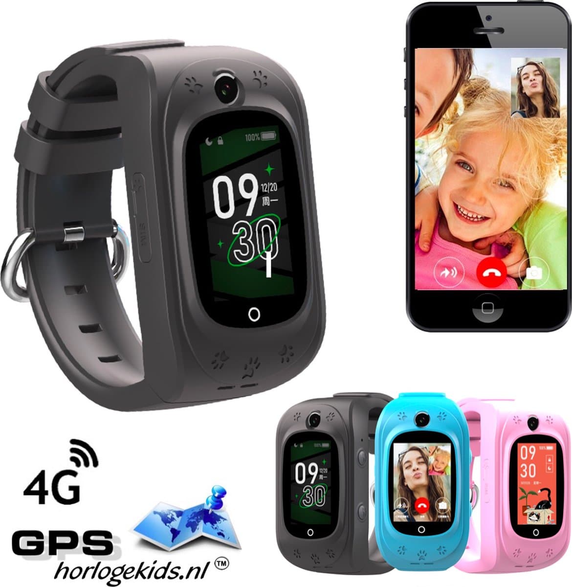 GPSHorlogeKids - GPS horloge kind - smartwatch kinderen - SMS - 4G videobellen - spatwaterdicht - SOS alarm - incl. SIM - TINY Zwart — afbeelding 1