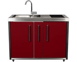 Minikeuken BeNeLux Stengel MO120 A voorgemonteerde metalen outdoor keuken met koelkast - inductie kookplaat - water en electriciteits aansluiting inclusief alle toebehoren Rood Bordeaux