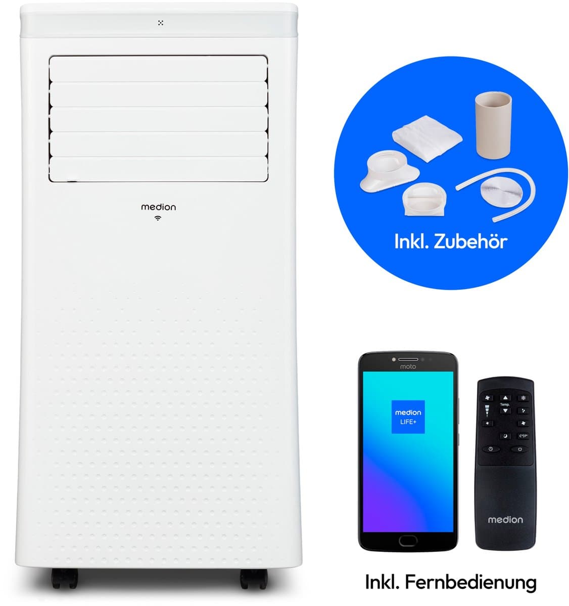 MEDION Smart Mobiele Airco P1002 (10000 BTU, 3-in-1, Koelen, Ontvochtigen, Ventileren, tot 34m², incl. Raamafdichtingskit, voor Slaapkamer en Woonkamer, WiFi, App-Functie, Afstandsbediening, MD 37733) — afbeelding 1