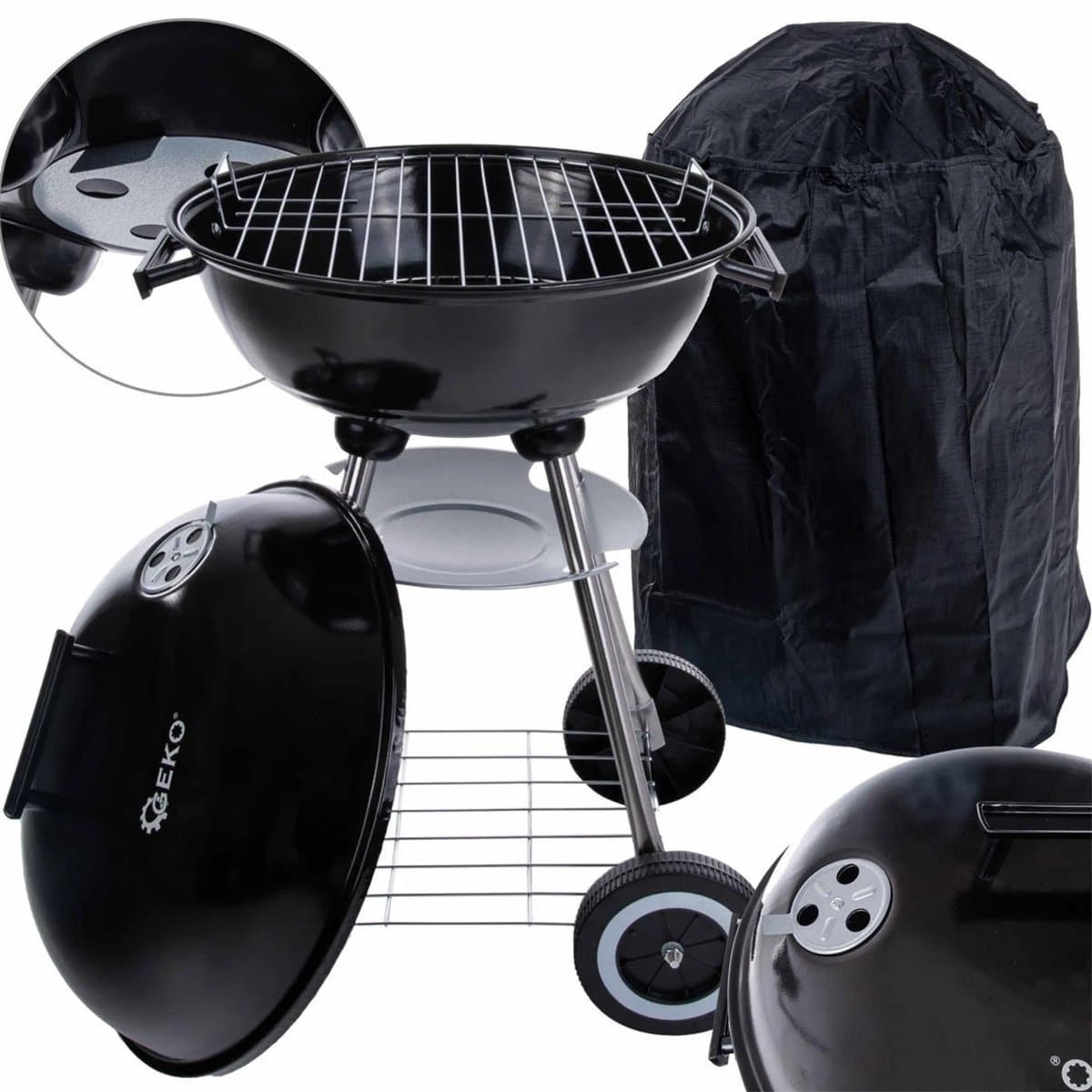 GEKO Ronde houtskoolbarbecue - Met deksel - Ø 39 cm rooster - Zwart - Inclusief hoes — afbeelding 1