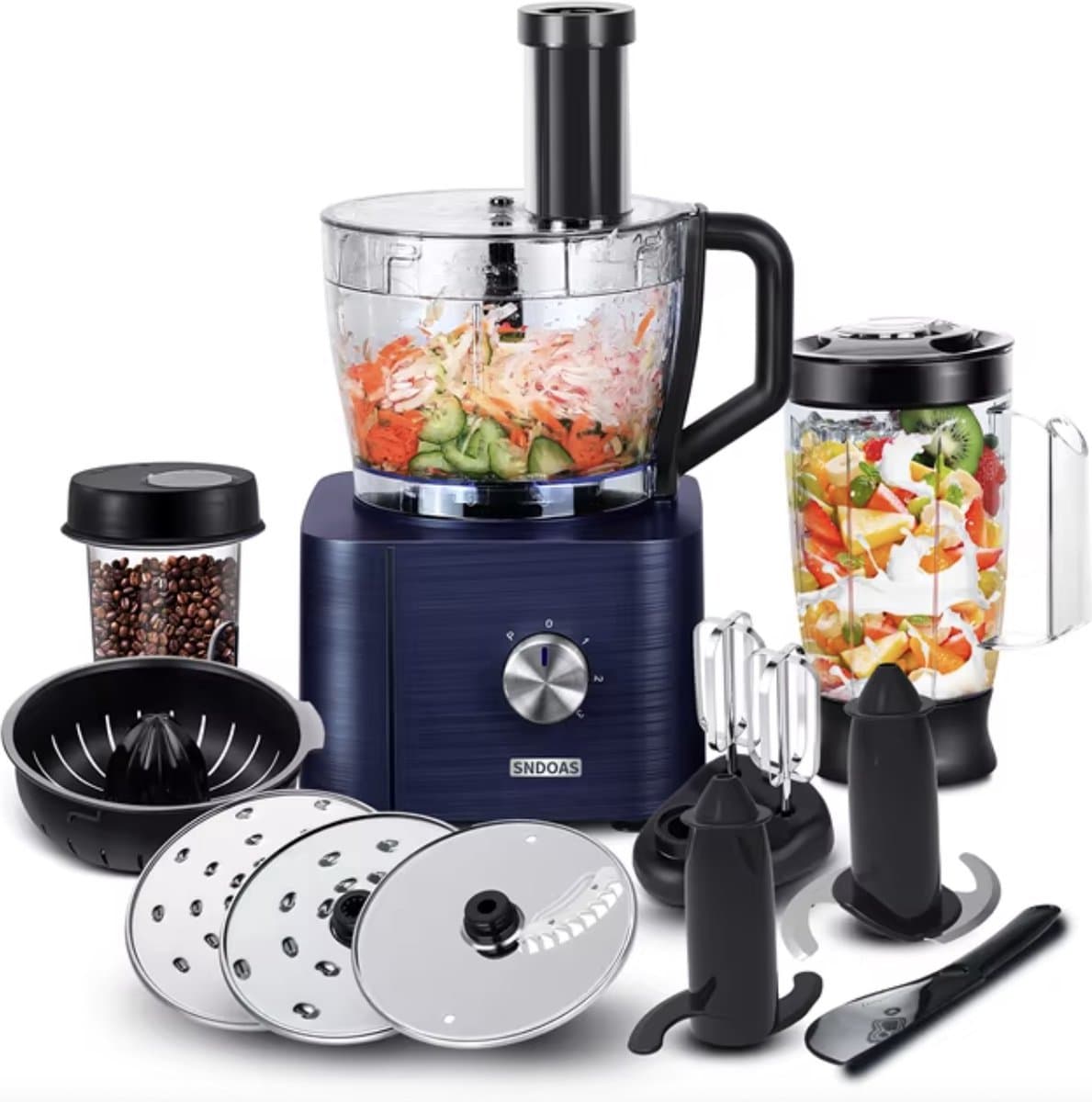 J&R Keukenmachine - Alles in 1 keukenmachine - Multifunctionele keukenmachine - Blender - Vleesmolen - Garde - Kneder - Shredder - Sinaasappelpers - Hakselaar - Blender - 1100W - Blauw — afbeelding 1