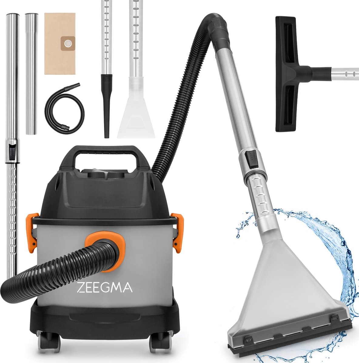 Zeegma Pro Compact – Stofzuiger / Bouwstofzuiger / Waterstofzuiger / Tapijtreiniger – Met en zonder zak – Natte reiniging en wateropzuiging – HEPA + waterfilter – 1000W – 6L tank – Blaasfunctie – Compact formaat – Bereik 12m – Garage, auto en woning — afbeelding 1