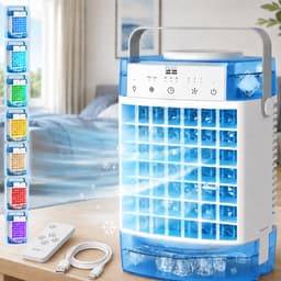 Rosnek 4-in-1 Mini Airco & Luchtkoeler - Aircooler Zonder Afvoerslang met 1600ML Dubbel Waterreservoir - Tafelventilator met Luchtbevochtiger & Nachtlampje - USB - Draagbaar voor Slaapkamer & Kantoor - Blauw — thumbnail 1