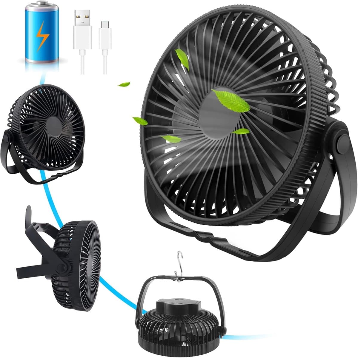 Tafelventilator, USB-ventilator, stil, klein met accu, 3-in-1, tafelventilator, mini-ventilator, 3 snelheden, 360 graden instelbaar, tafelventilator, USB-ventilator voor slaapkamer, kantoor, camping, — afbeelding 1