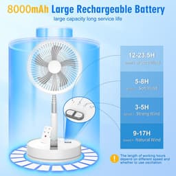 Statiefventilator-vloerventilator-tafel ventilator geluidloos -telescopische opvouwbare staande ventilator voor thuisgebruik met oplaadfunctie - Draagbaar, stil, lange batterijduur, mini USB-oplaadbaar - Wit - 22x22x10,5 cm — thumbnail 3