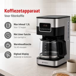 alpina Koffiezetapparaat Filterkoffie - Koffiemachine 1.5L/ 12 Kopjes Filter Koffie - Koffie Machine met Digitaal Display, Timer en Warmhoudplaat - Instelbare Koffie Sterkte - Zwart — thumbnail 2