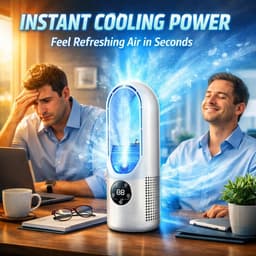 6-standen bladeloze elektrische ventilator met koelfunctie & 7-kleuren LED-verlichting – Draagbare tafelventilator met stille, krachtige luchtstroom (Blauw) — thumbnail 2