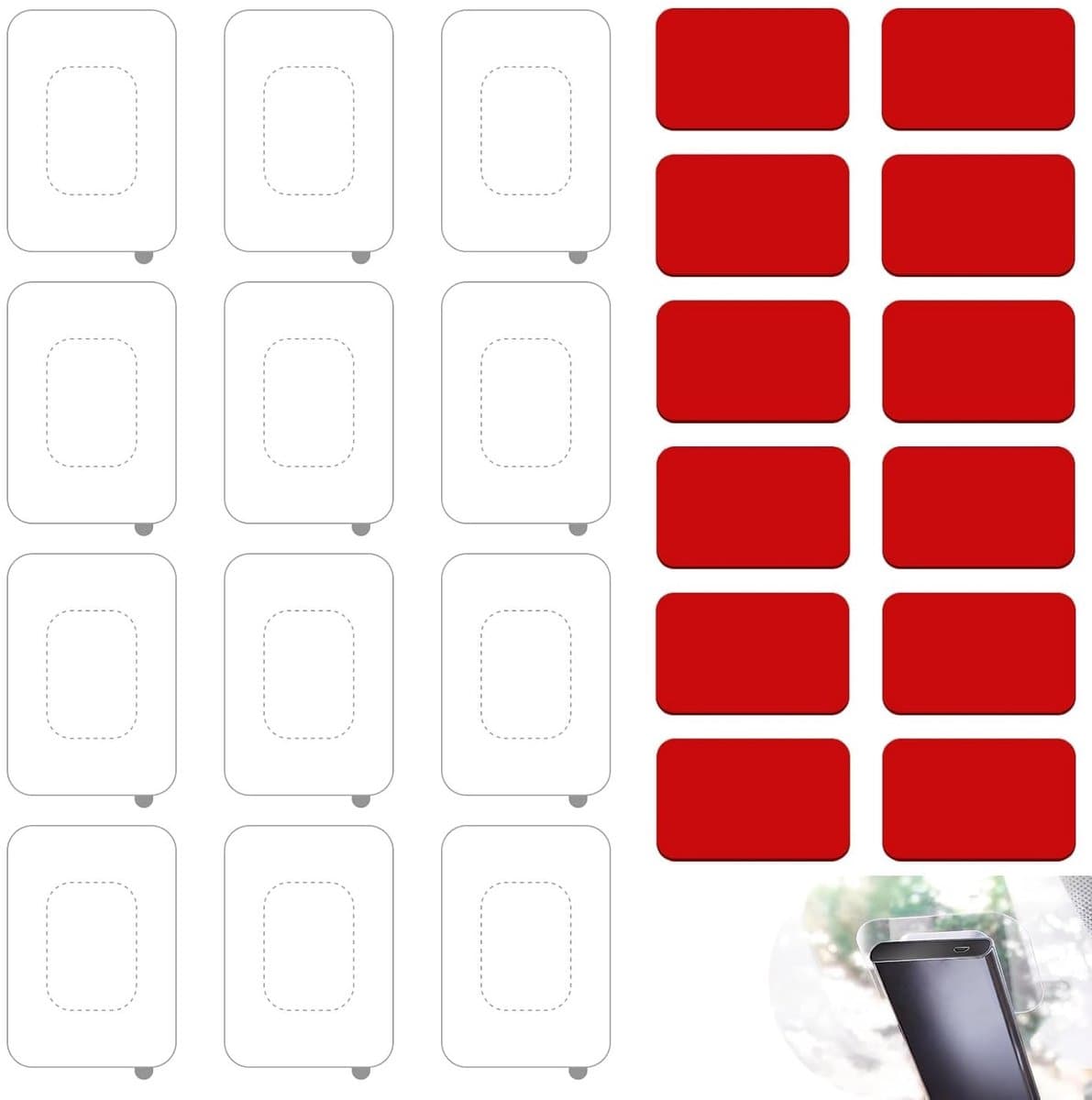24 Zelfklevende Pads en Films voor Dashcam, 12 Stuks 5 x 3 cm en 12 Stuks 8 x 8 cm, Extra Sterke Hechting voor Veiligheid en Stabiliteit van Dashcams — afbeelding 1