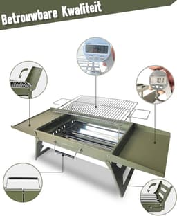 Houtskoolgrill Opvouwbaar 51 x 35 cm - Draagbare BBQ Grill voor Camping, Picknick, Tuin en Strand - Groen — thumbnail 5