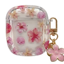 Transparant roze hoesje voor oordopjes dames met bloemen patroon en decoratieve hanger geschikt voor AirPods 4 met ronde vorm en goudkleurige clip — thumbnail 1