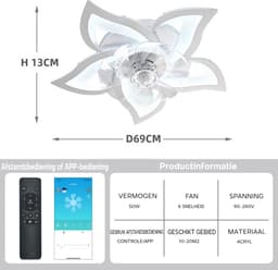 5 Lotus Ventilator - Bedienbaar Met Afstandsbediening & APP - Wit - Plafondventilator - Plafonniere - 6 Standen - Moderne Lamp - ⌀ 69cm — thumbnail 5