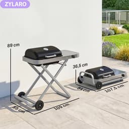 Draagbare Gasbarbecue - Gasbarbecue en grill - 1 Branders - 2,5 kW - Grillwagen - Barbecuewagen - met Grillrooster, Wielen, Inklapbaar Onderstel, Bijzettafels, Thermometer & Deksel - 109 x 55 x 89 cm - Zwart + Zilver — thumbnail 2