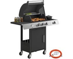 Gasbarbecue - Gasbarbecue en grill - 3+1 Branders - 10,5 kW - Grillwagen - Barbecuewagen - met Grillrooster, Wielen, Bijzettafels, Thermometer, Opvangbak en Warmhoudplaten - 109 x 50 x 109 cm - Zwart