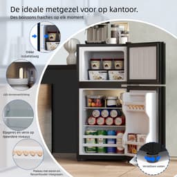 Mini koelkast met vriesvak - Tafelmodel koelkast-Vrijstaande koelkast - Glazen deur - Stille werking - 60L -Energielabel E-Kantoor en woonkamer - 42,5x44,5x87,5cm - Zwart — thumbnail 5