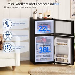 Mini koelkast met vriesvak - Tafelmodel koelkast-Vrijstaande koelkast - Glazen deur - Stille werking - 60L -Energielabel E-Kantoor en woonkamer - 42,5x44,5x87,5cm - Zwart — thumbnail 4