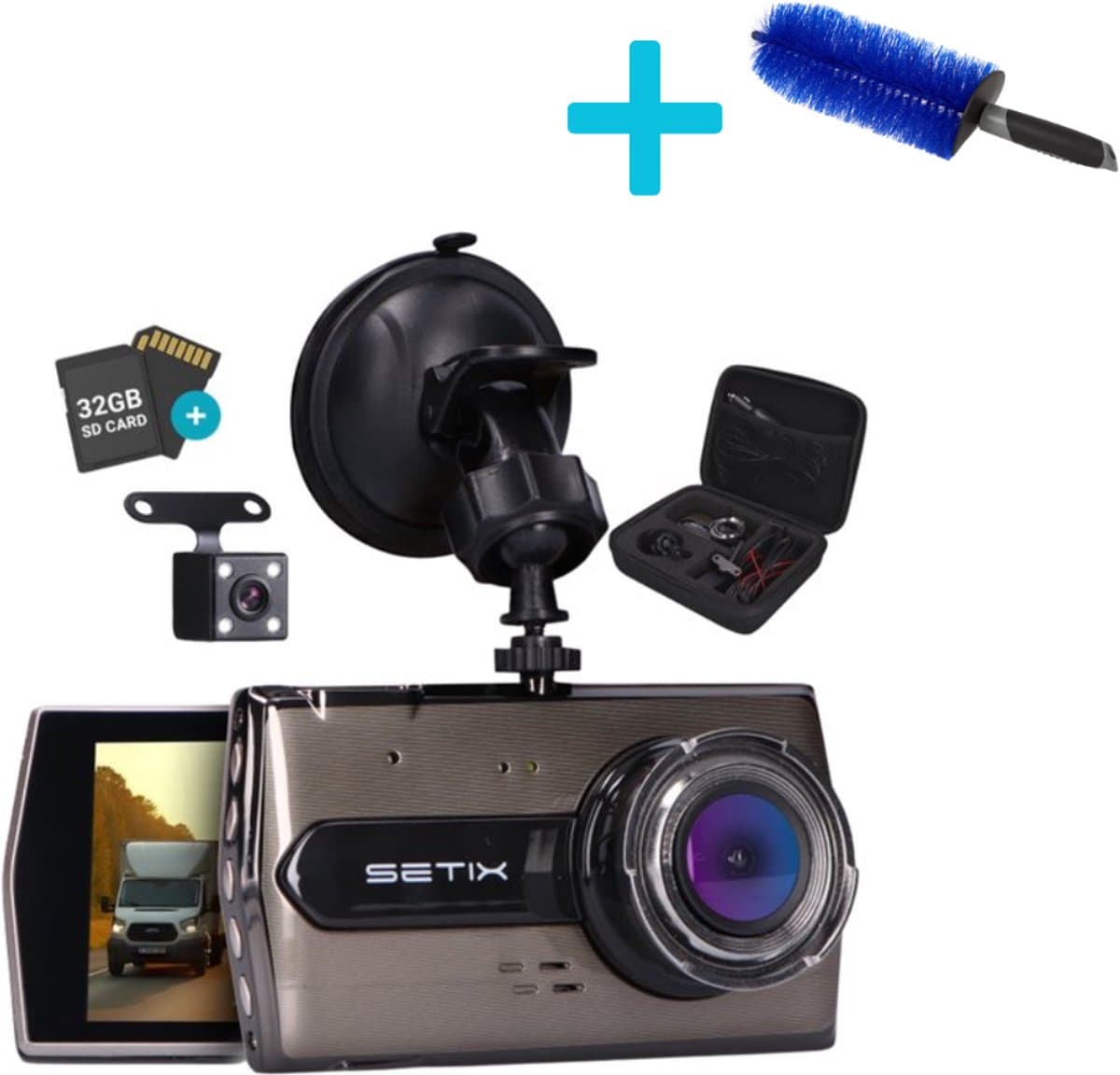 Setix Dashcam Go + Autowielborstel - Voor en Achter Camera – Inclusief 32GB SD kaart - Full HD 1080P Resolutie – Met Opbergcase tegen Diefstal - Nachtzicht – Plug & Play - Parkeermodus - 170 Graden Kijkhoek – Loop Recording – 2026 Auto Camera — afbeelding 1