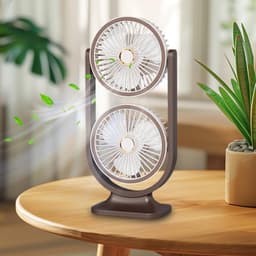 KZQ Bruine dubbele tafelventilator – draadloos, oplaadbaar, 5 snelheden, 360° verstelbaar, met nachtlampje, voor kantoor of thuis — thumbnail 3