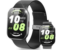 Smartwatch - Belfunctie - Unisex horloge - Waterbestendig voor dagelijks gebruik - Met hartslagmeting, slaapmonitoring, stappenteller en muziekbediening - Compatibel met Android en iOS - Zwart (siliconen band + stalen band)
