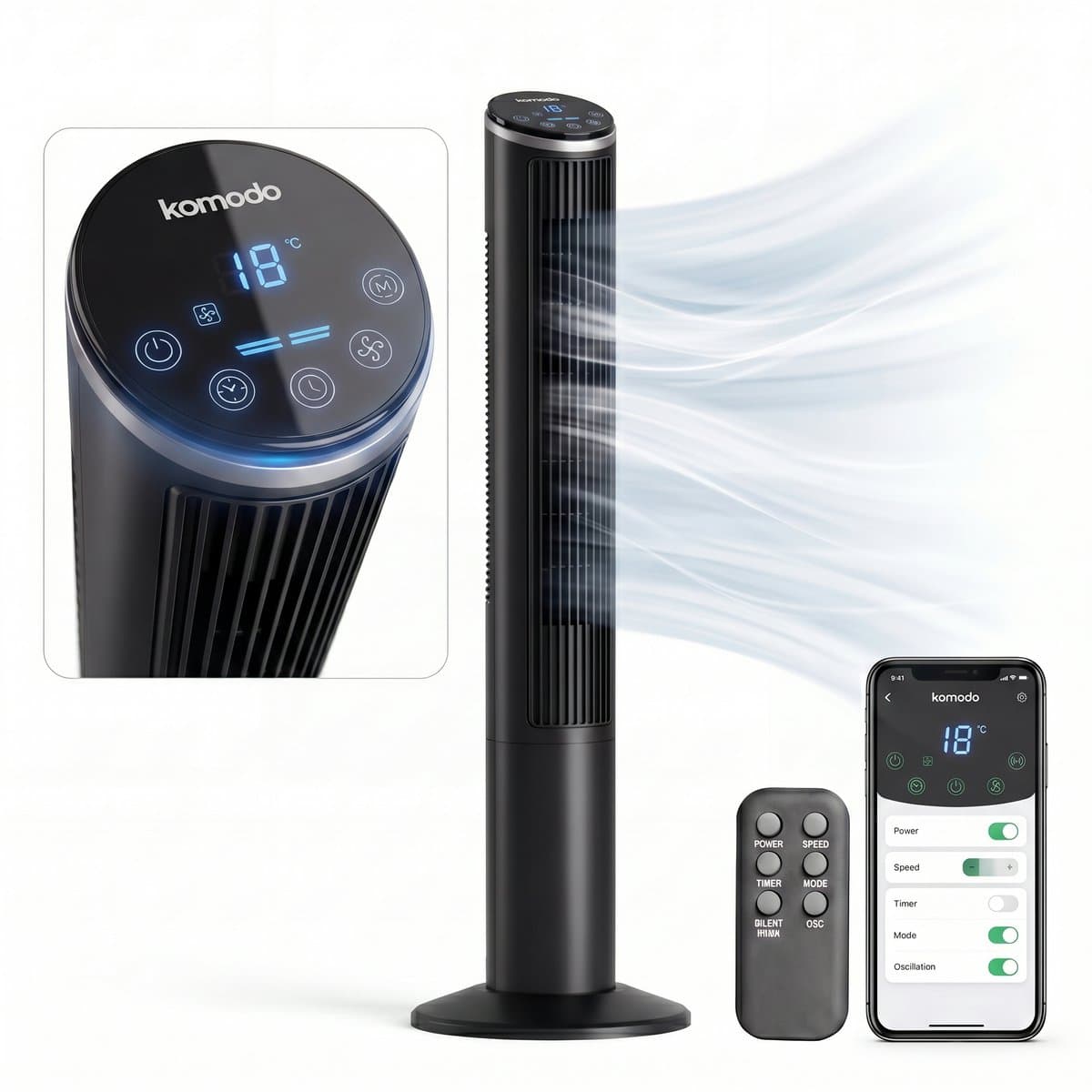 Komodo Breezi Torenventilator met App & Afstandsbediening – Ventilator 3 Snelheden – Timer 1–15 uur – Oscillatie – Stille Modus – LED Display – Zwart — afbeelding 1