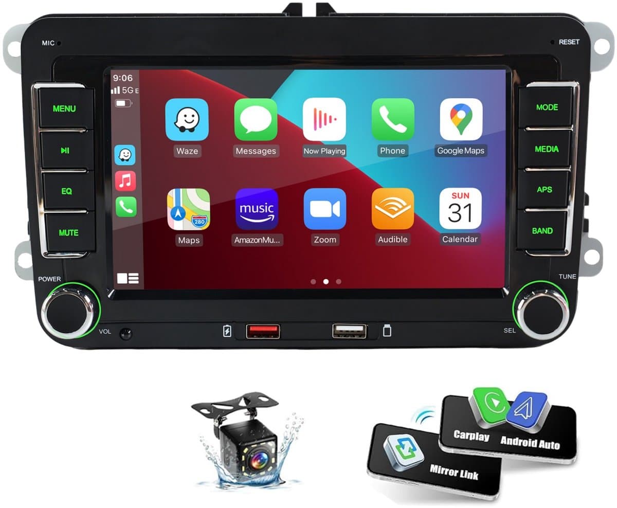 ESSGOO Volkswagen CarPlay Autoradio - met Apple Carplay & Android auto (Draadloos) -Plug&Play- voor VW Golf, Polo, Tiguan, Touran, Caddy, Jetta -7inch Touchscreen scherm-Bluetooth- Dual USB -12LEDs Achteruitrijcamera — afbeelding 1
