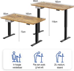 Devoko Elektrisch Zit-sta Bureau 160x80 cm – Stille Motor met Geheugenfunctie – Zit-alarm – Digitaal Display – 6 Knoppen Handbediening – USB Poort – Zit-sta Bureau – Bruin — thumbnail 2