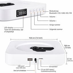 CD Speler - Met FM-Radio/Bluetooth/USB - Luidsprekers - Monteerbaar op de Muur - Voor Volwassenen en Kinderen — thumbnail 4