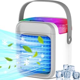 Draagbare luchtkoeler, 7 kleuren mini-airconditioner met 3 luchtsnelheden en USB-oplaadpoort, 300 ml 3-in-1 luchtkoeler, draadloze persoonlijke luchtkoeler met handvat voor kamer, kantoor en reizen — thumbnail 1