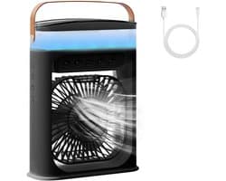 Mobiele Airconditioning - Draagbare Luchtkoeler - Mini Airco - 4-in-1 Ventilator met USB - Luchtkoeler met 600ml Watertank - Kleine Airconditioning voor Slaapkamer & Camping - 3 Snelheden & 3 Nevelmodi - Met 6 Kleuren Nachtlampje