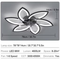Plafondventilator met verlichting en afstandsbediening, 66W LED, 4600 lumen, dimbaar, 6 snelheden, 78 cm- zwart. — thumbnail 4