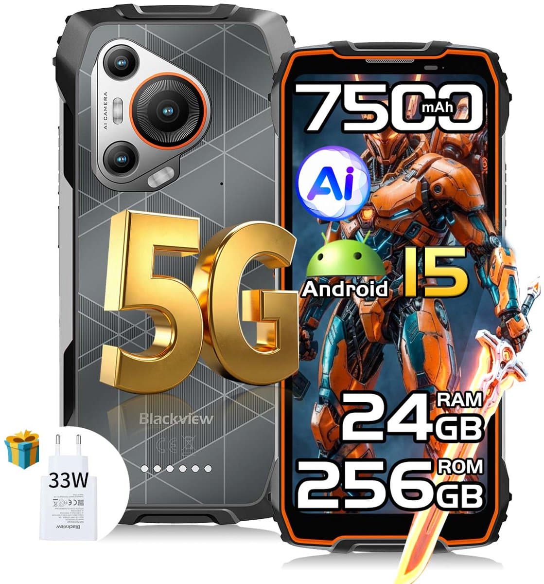Blackview BL7000 Robuuste Smartphone 5G - 6.78 inch - Android 15 - 24GB RAM - 256GB ROM - 50MP Camera - 7500mAh met 33W Adapter - IP68 Waterdicht - NFC OTG GPS FM - Oranje — afbeelding 1